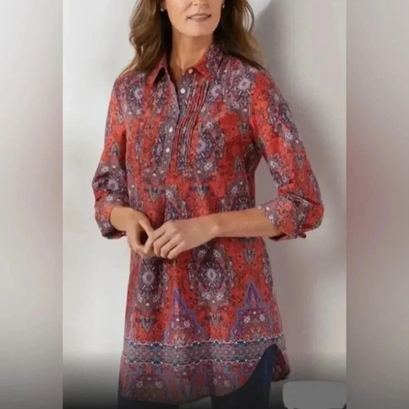 Soft Surroundings Tabitha Tunic Blouse Size XS Red Purple Persian Floral Top - Picture 1 of 10